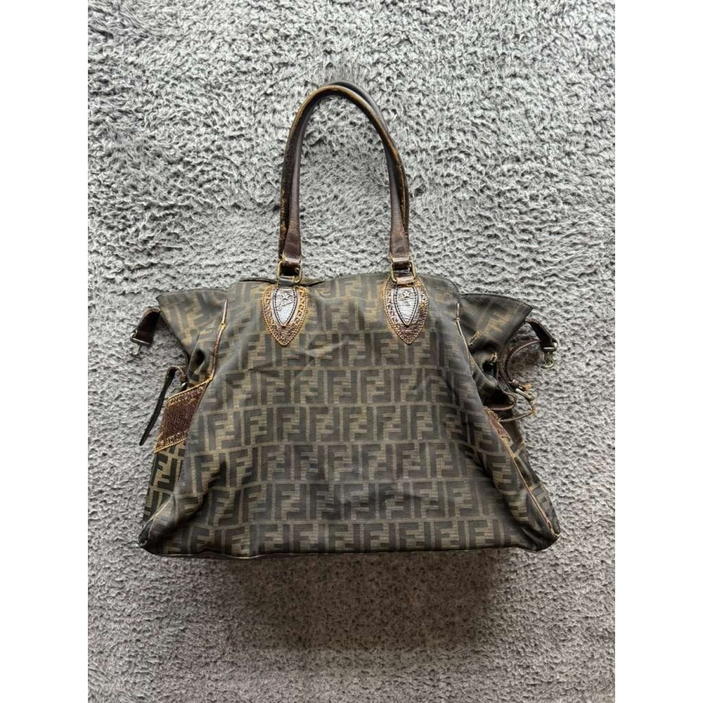 Vintage Fendi Zucca Etonico Jaquard Tote Canvas Leather Trim Handbag Brown